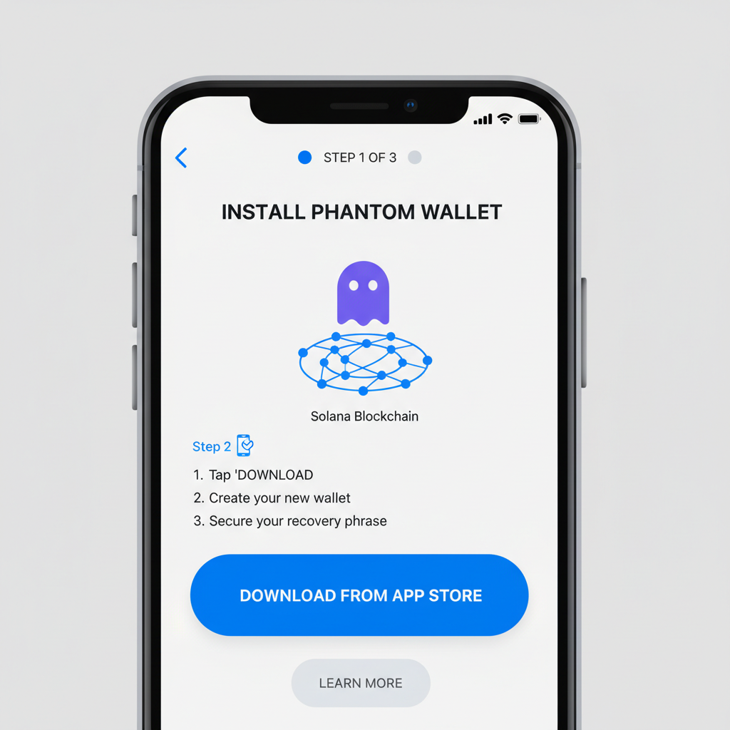 smartphone screen showing Phantom wallet app installation on Solana blockchain, clean modern UI, blue accents