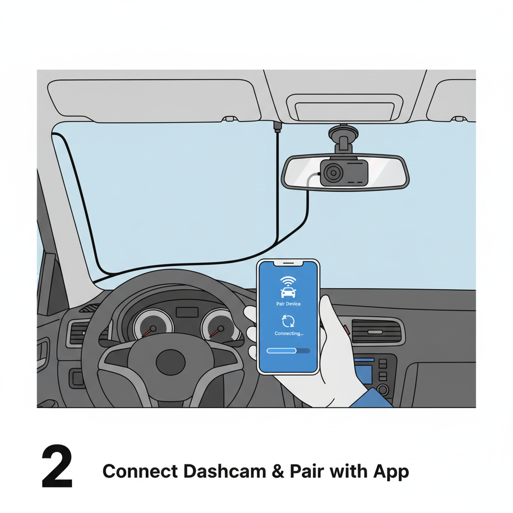 car interior dashcam installation on windshield, wires connected, app pairing screen inset