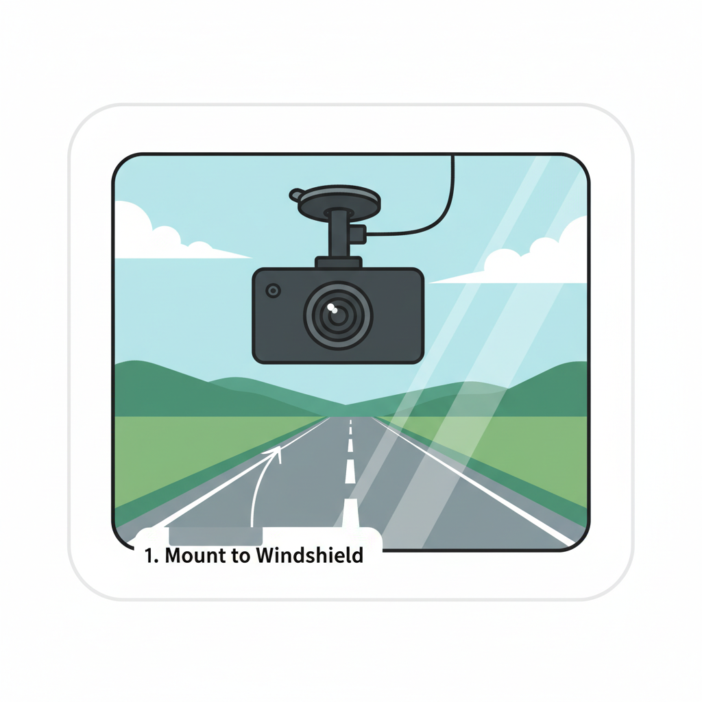 dashcam suction-mounted on car windshield, clear road view ahead