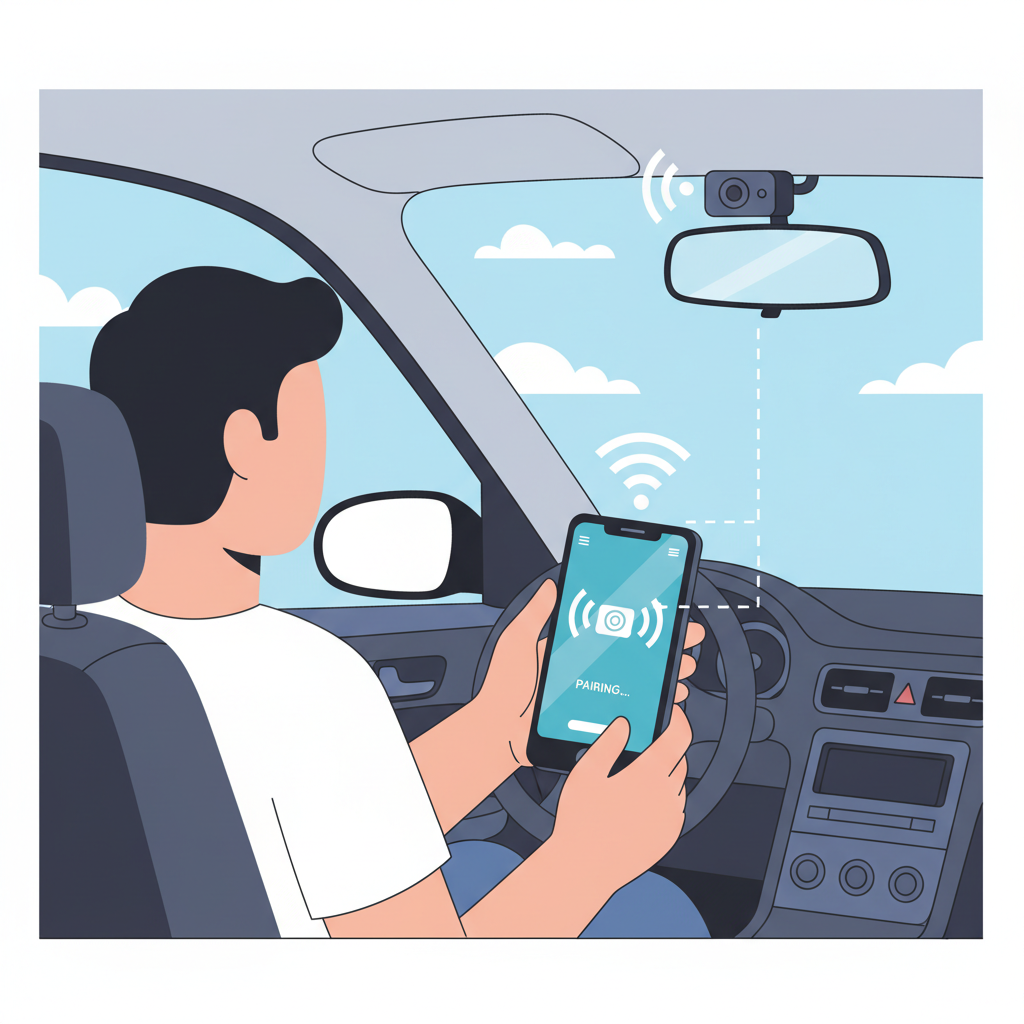 person in car holding phone pairing dashcam, WiFi signal icons