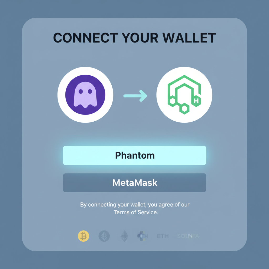 wallet connection interface Phantom to Hivemapper app, connect button glowing, crypto icons