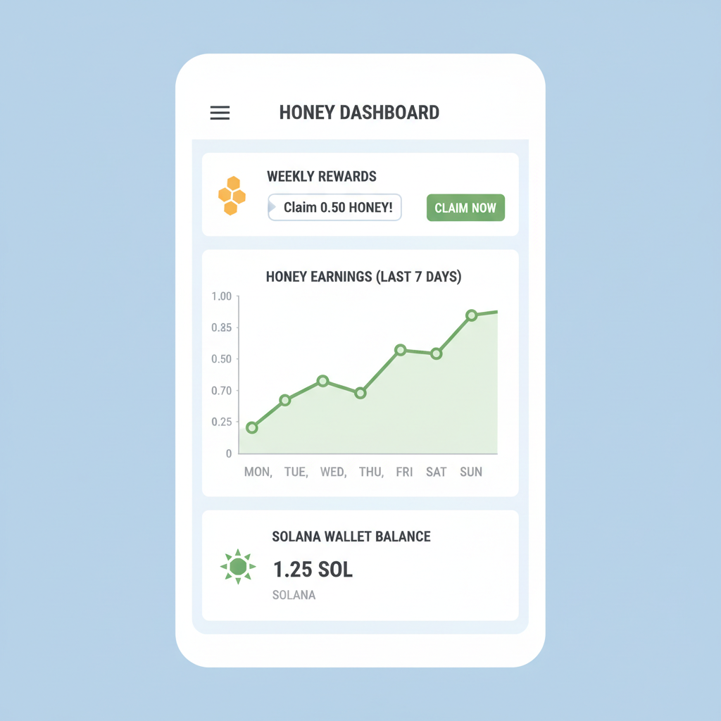 dashboard app showing HONEY earnings graph, weekly rewards notification, Solana wallet balance