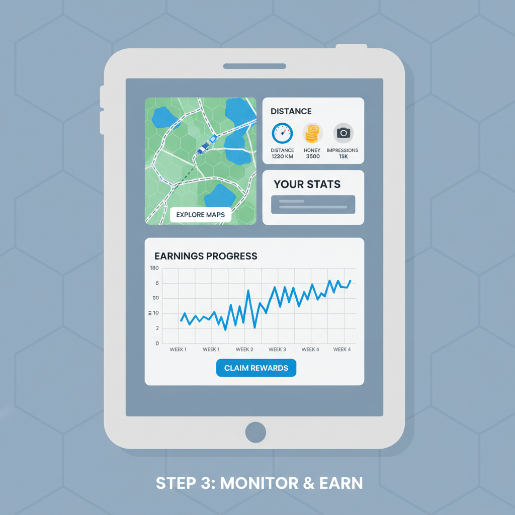 Hivemapper app dashboard with maps, stats, earnings graph
