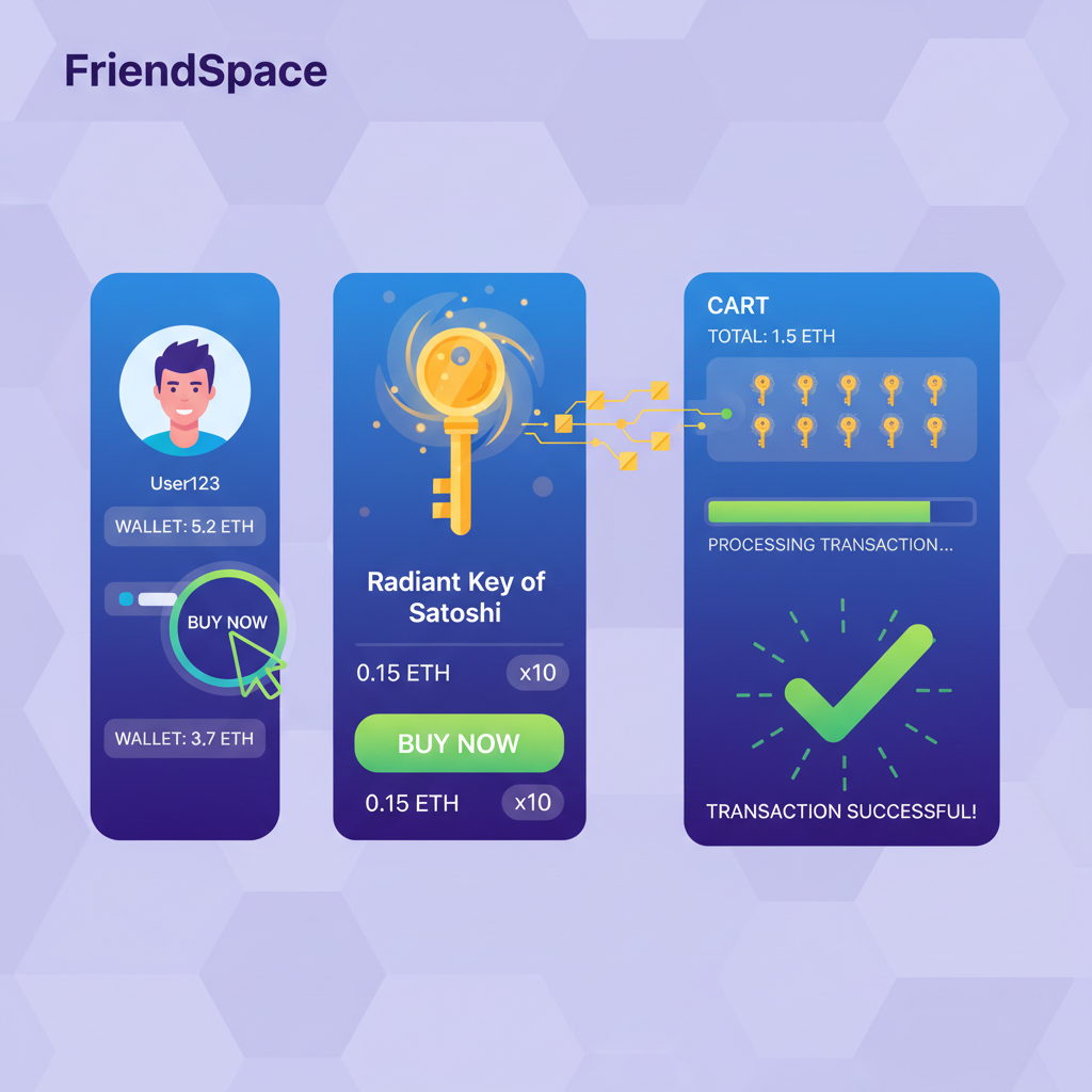user buying glowing golden keys in crypto marketplace, FriendSpace UI, dynamic transaction animation, vibrant digital art