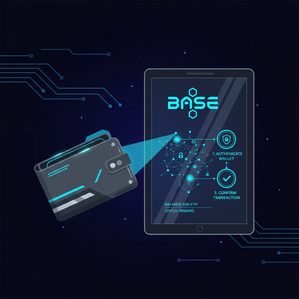sleek futuristic wallet connecting to blockchain app interface, neon blue Base logo, cyberpunk style, high-tech dashboard