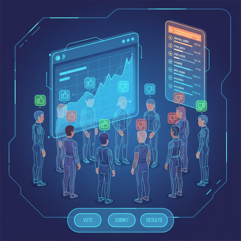 group of avatars voting on holographic trade charts, thumbs up/down icons, leaderboard in background, futuristic polling UI