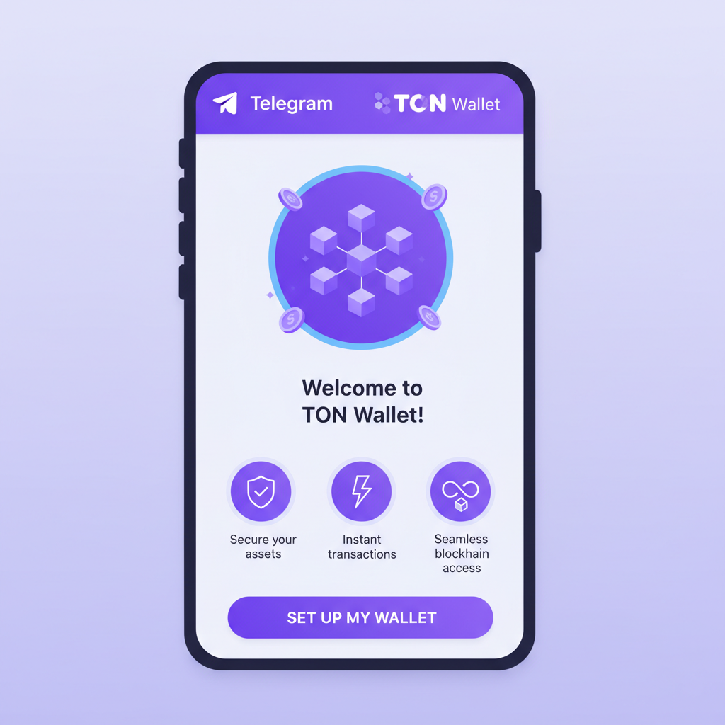Telegram app screen showing wallet setup, seamless blockchain onboarding, vibrant purple TON branding