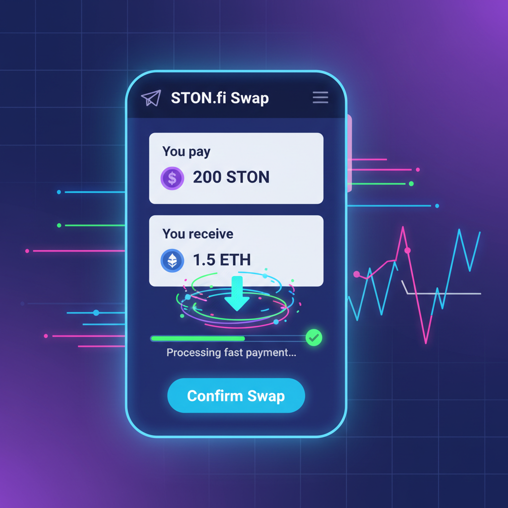 STON.fi interface in Telegram mini-app, token swap animation, fast payment flow, neon DeFi charts