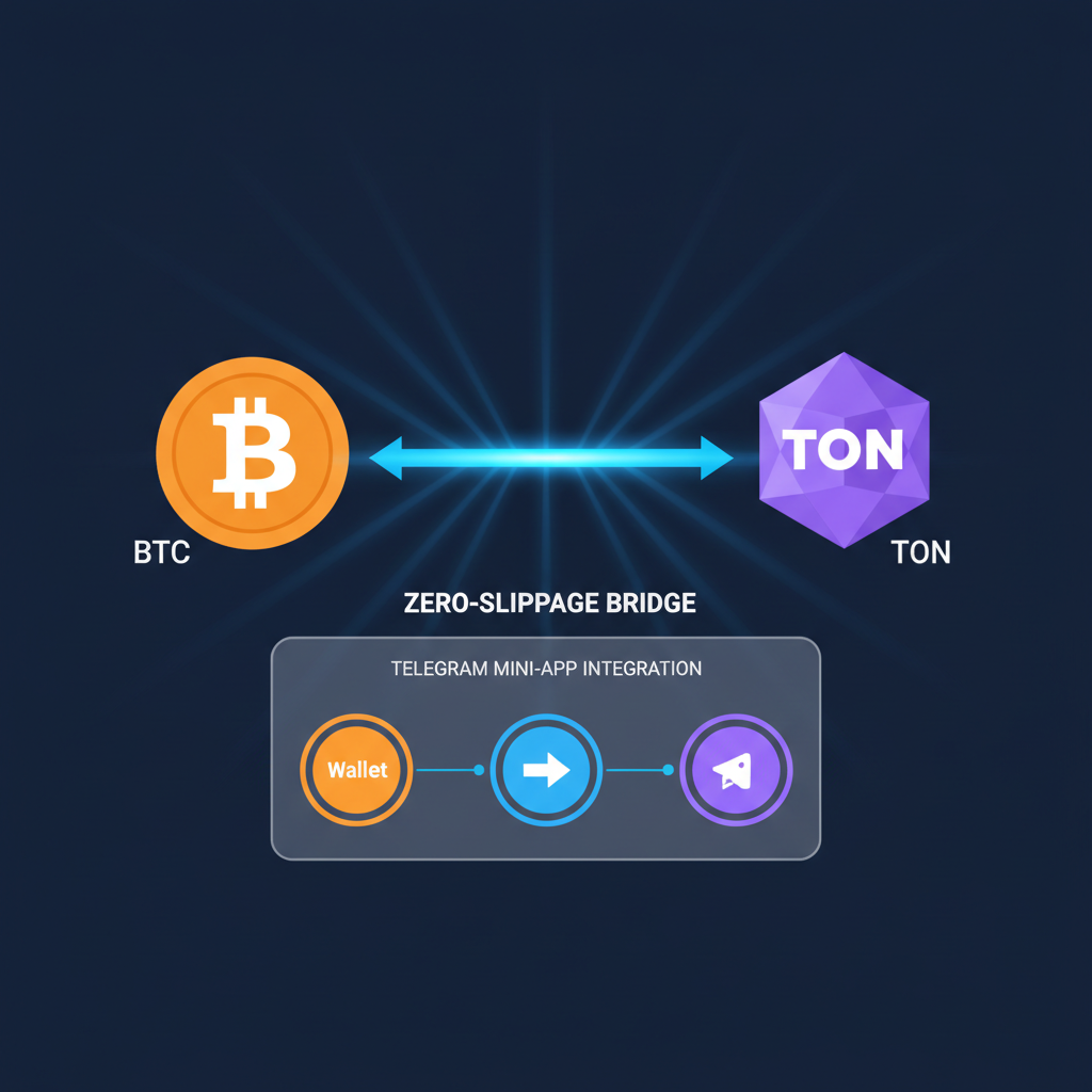 BTC to TON bridge visualization, zero-slippage graph, Telegram mini-app integration, glowing bridges
