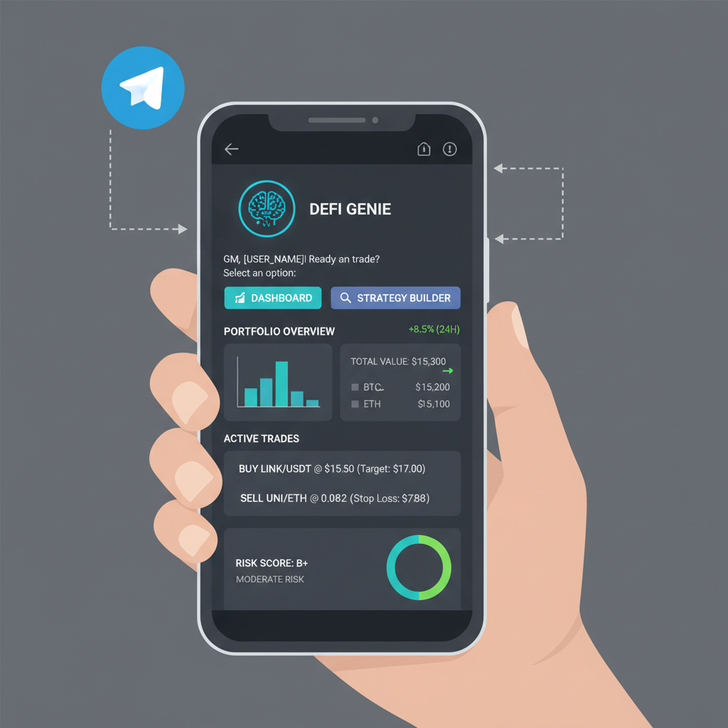 AI chatbot in Telegram guiding DeFi trades, personalized dashboard, futuristic bot interface