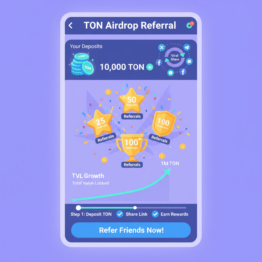 Referral airdrop screen with TON deposits, viral sharing, reward badges exploding, TVL growth chart