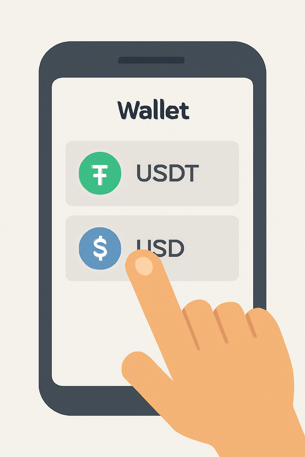 A user tapping on USDT and USD1 tokens in a mobile wallet interface