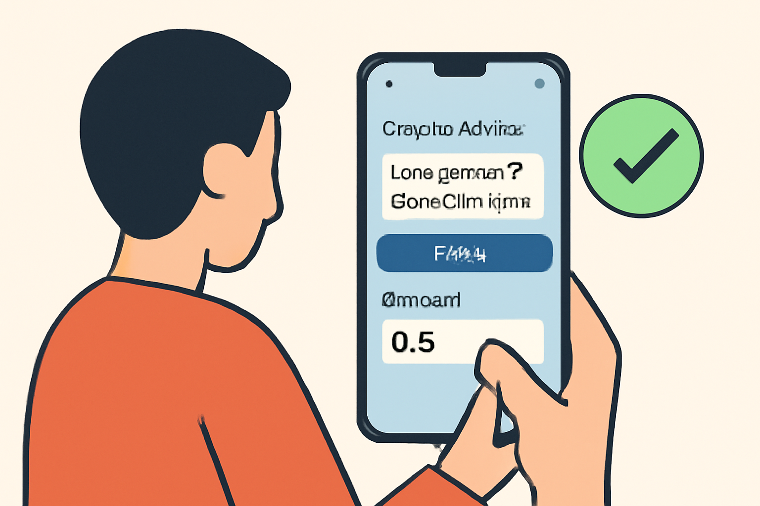 A person pasting a crypto address and entering an amount on a phone screen, with a 'double-check' sign
