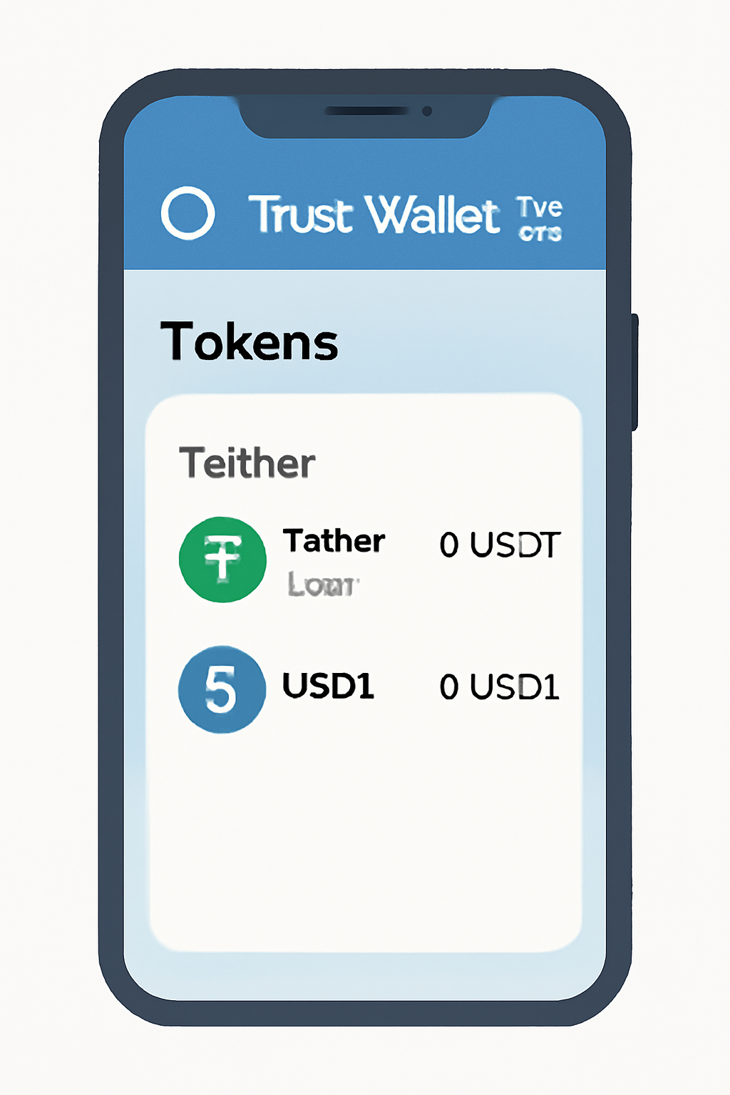 A smartphone screen displaying Trust Wallet app open on BNB Chain network, with USDT and USD1 tokens visible