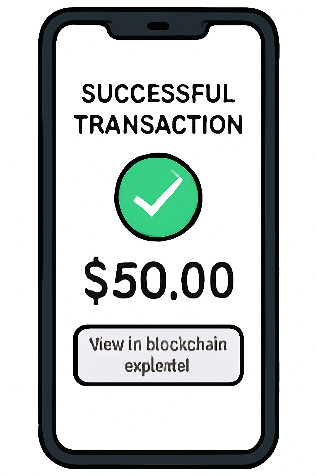 A phone screen showing a successful transaction notification and a blockchain explorer link