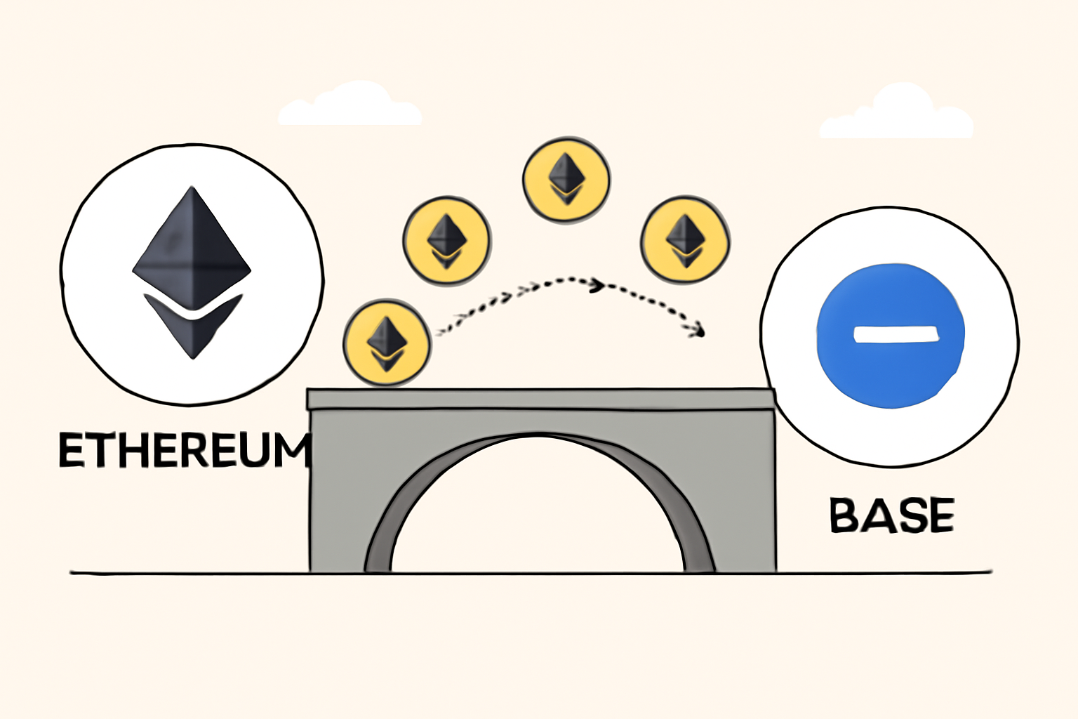 A digital bridge connecting Ethereum and Base logos, with ETH tokens moving across the bridge, representing asset transfer.