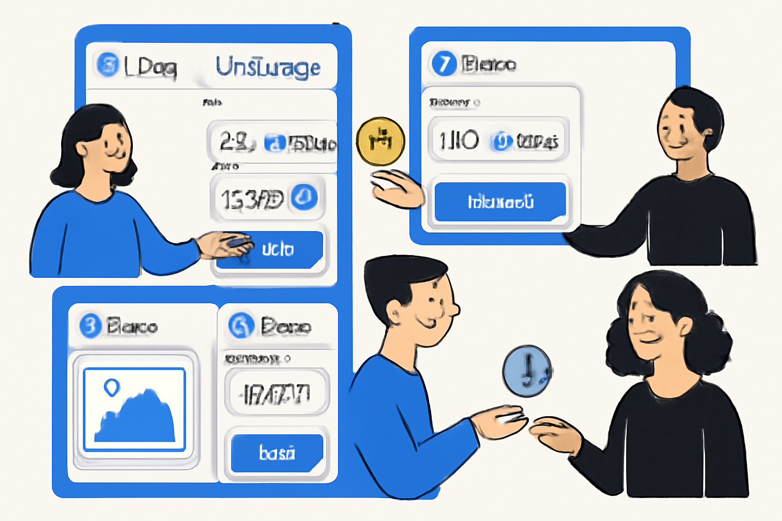 A collage of dApp interfaces (Uniswap, Aave, Zora) on Base, with users interacting and tokens exchanging hands.