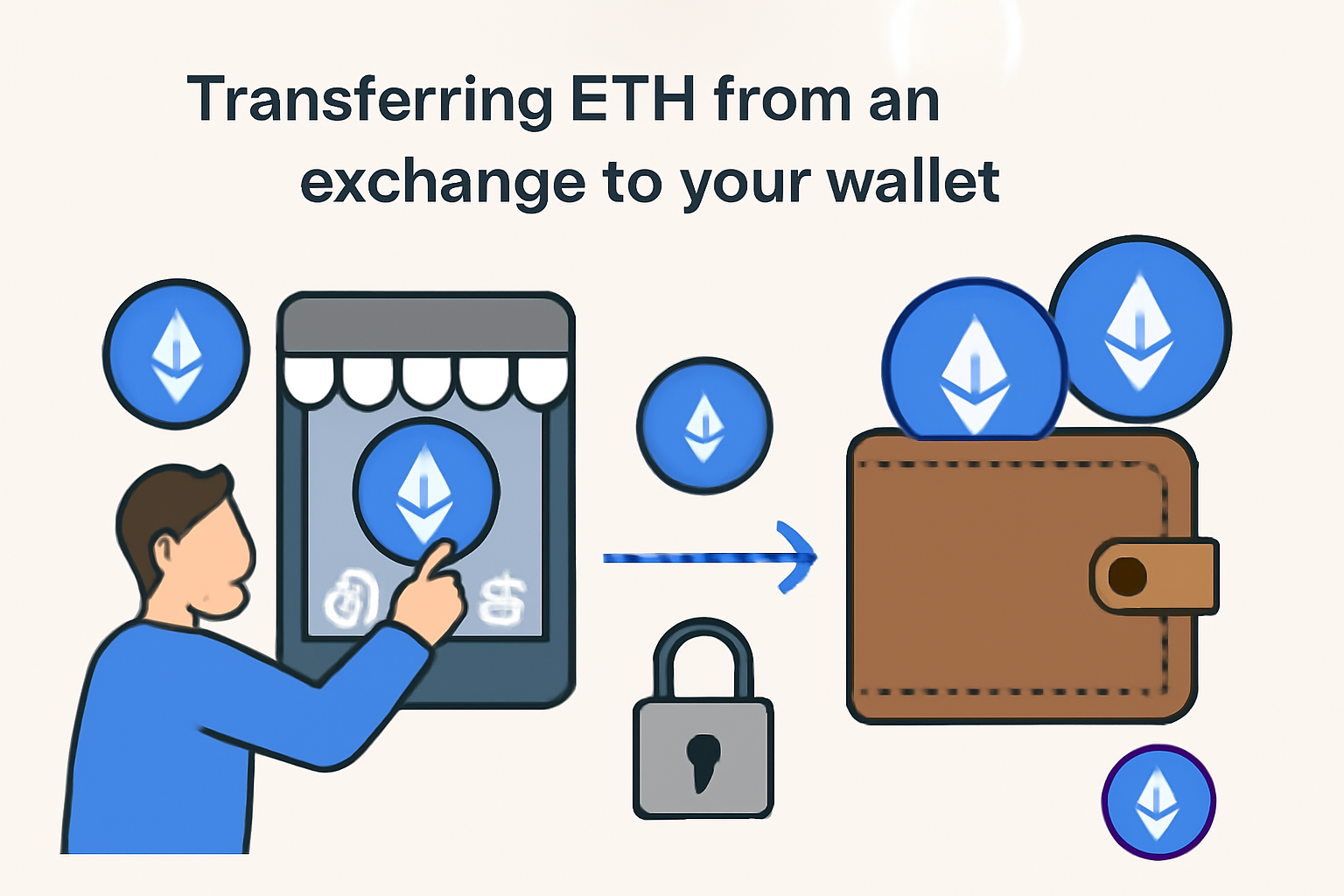 A user transferring ETH from an exchange to their wallet, with ETH coins and wallet icons, showing a secure transaction.