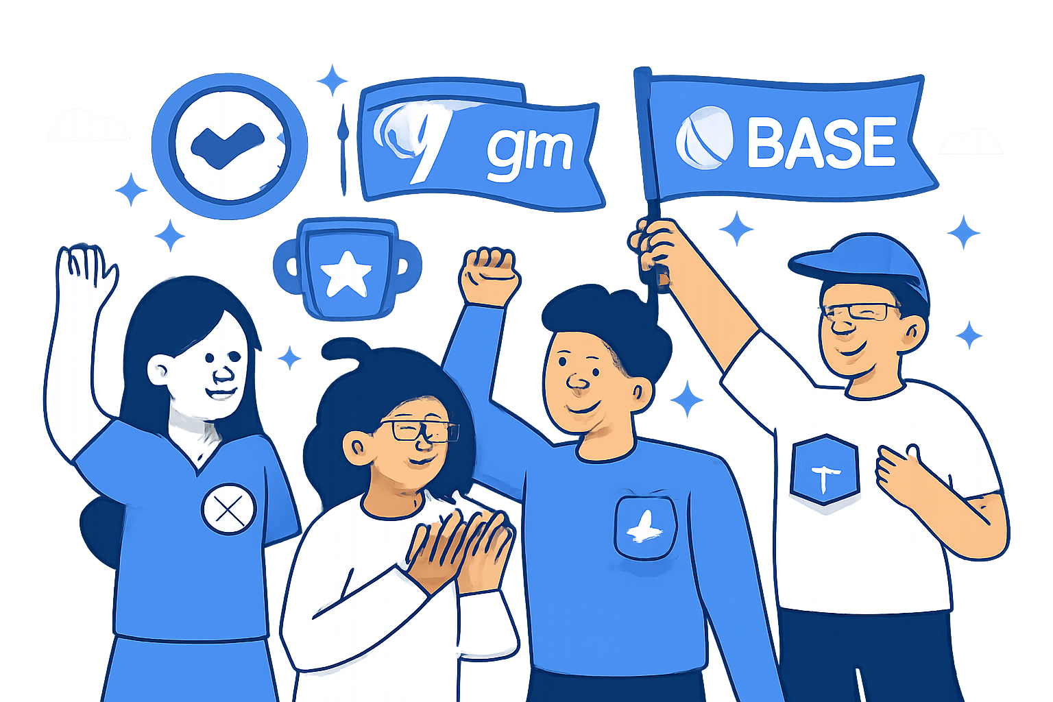 A vibrant online community with badges, pins, and campaign banners, users celebrating achievements in the Base ecosystem.