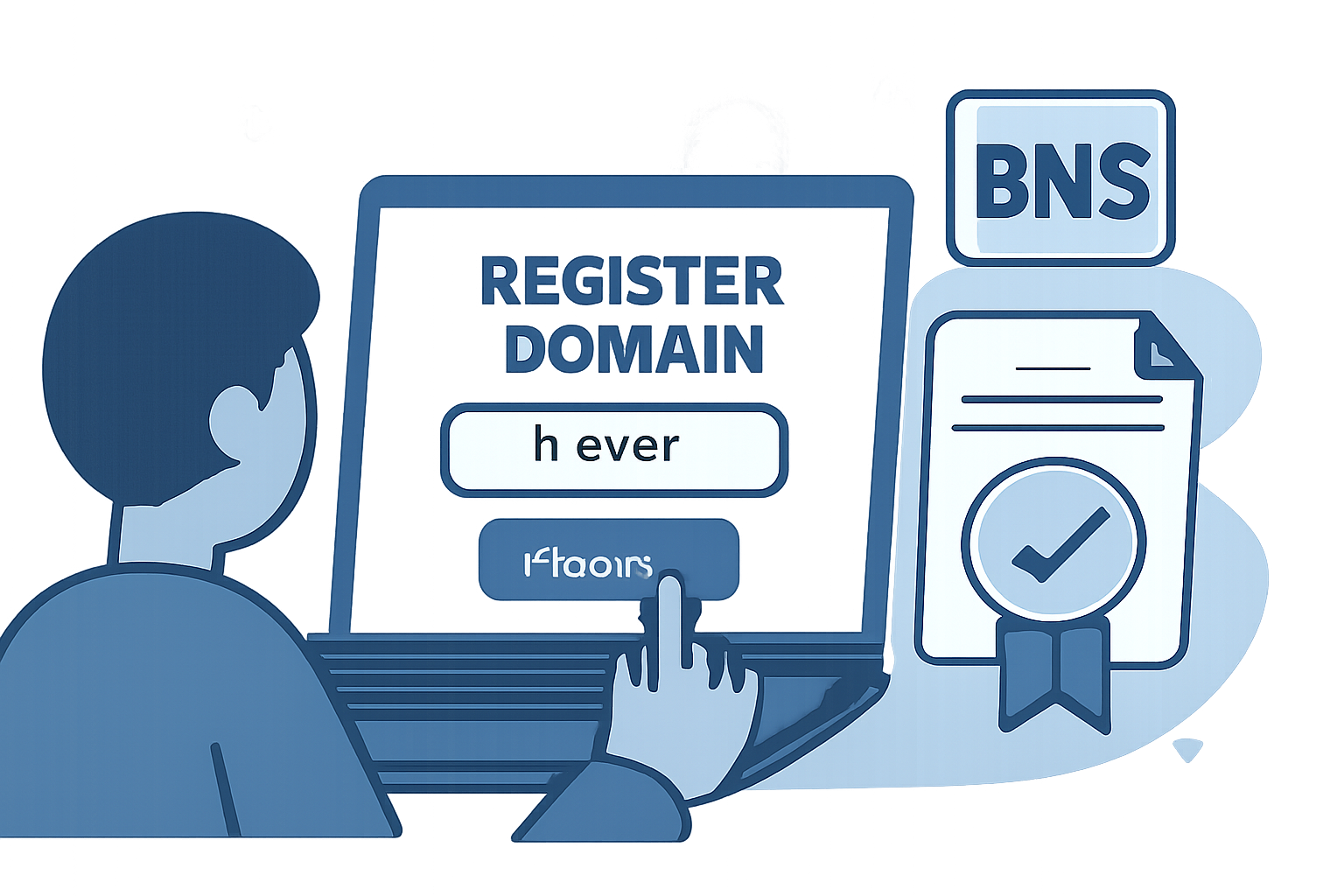 A user registering a '.base' domain on a computer, with a digital certificate and the BNS logo visible.