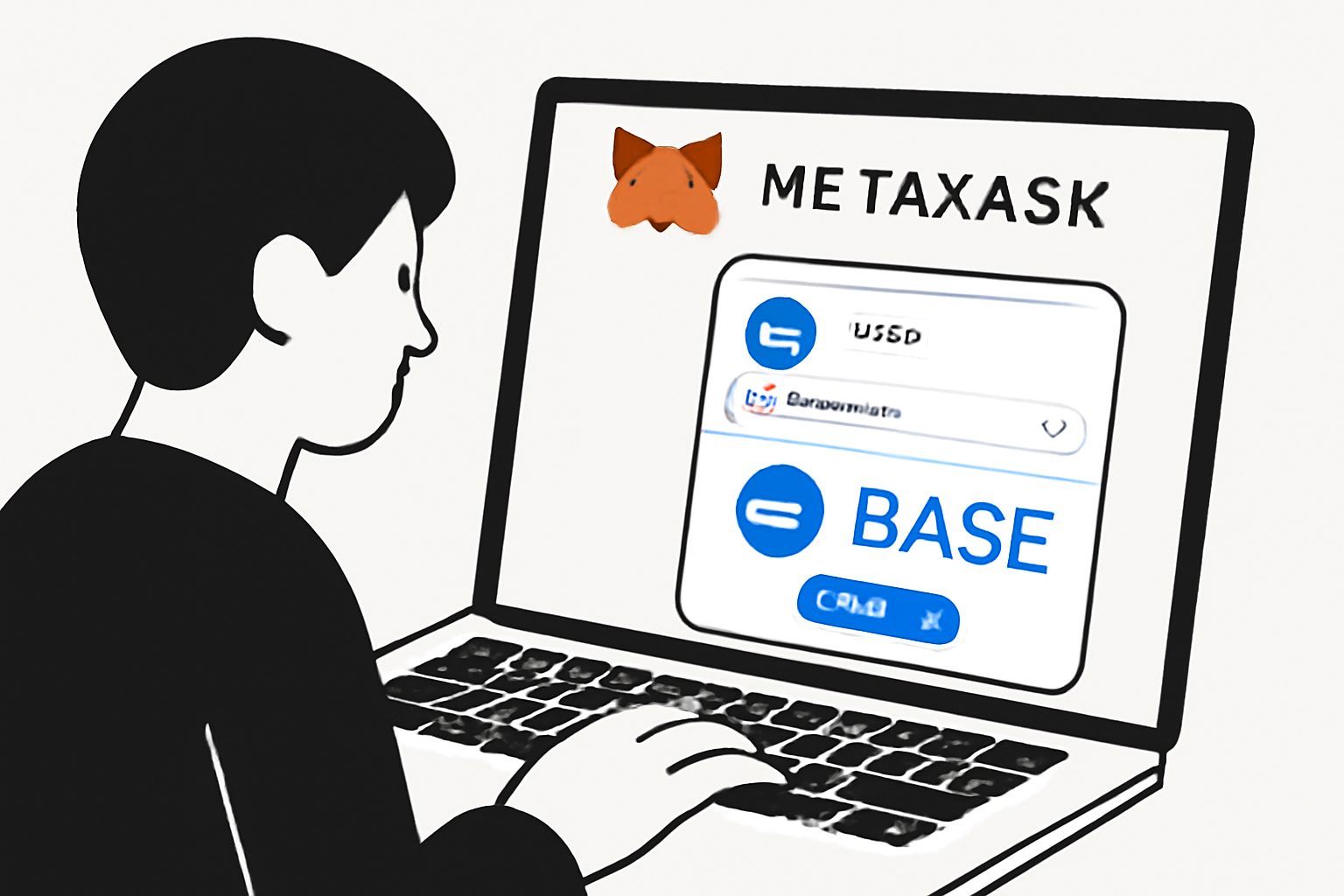 A person installing MetaMask on their laptop, selecting the Base Mainnet network in the wallet interface, with clear wallet and Base logo visuals.