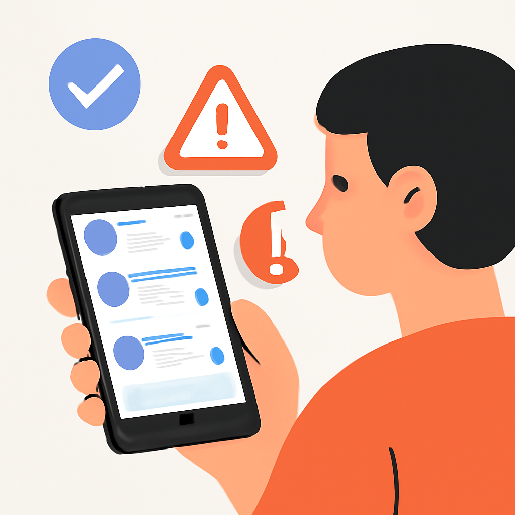 A person checking official social media channels on a phone, with warning signs and verified checkmarks for security.