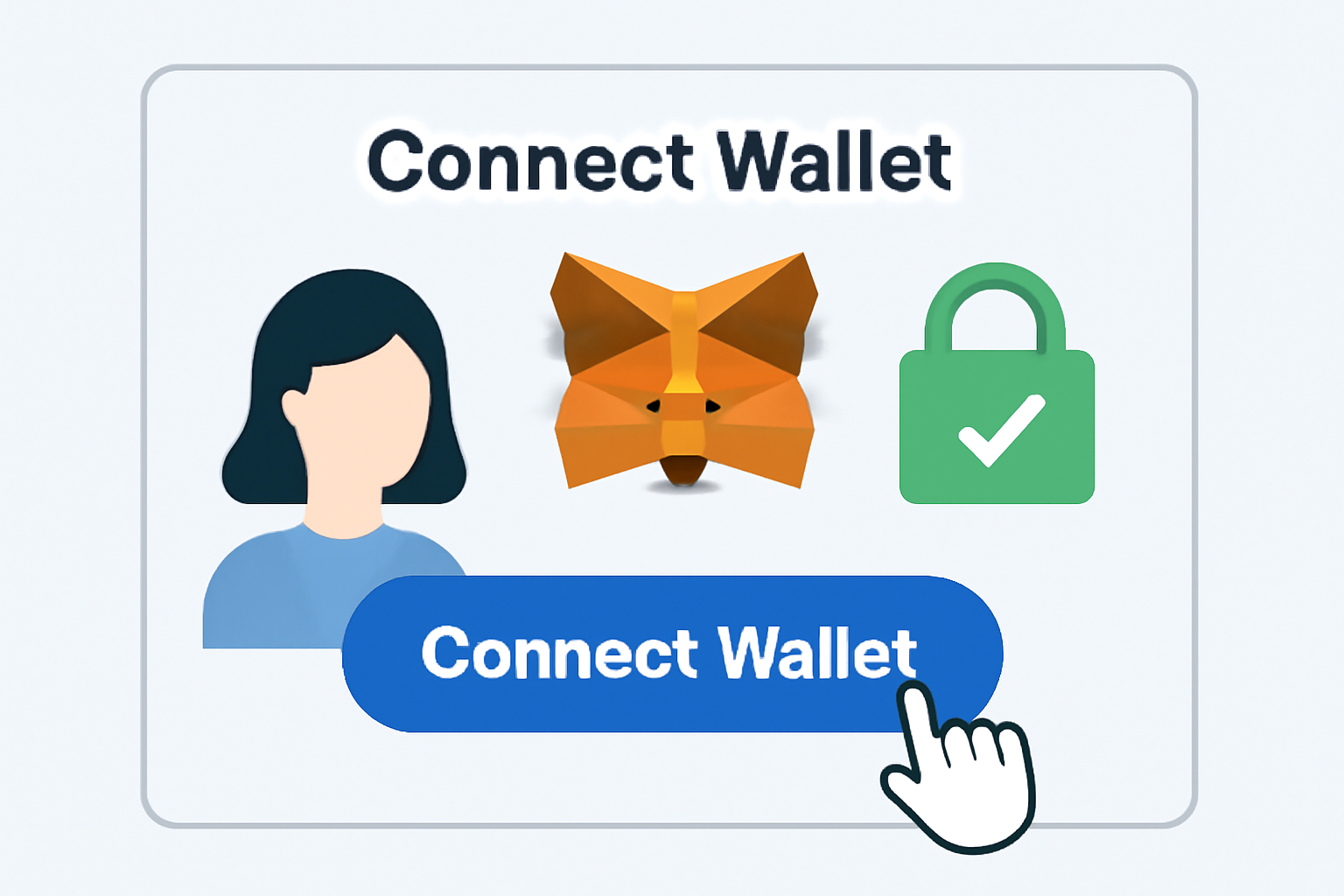 A digital interface showing a 'Connect Wallet' button being clicked, MetaMask fox logo, secure connection visuals, friendly UI