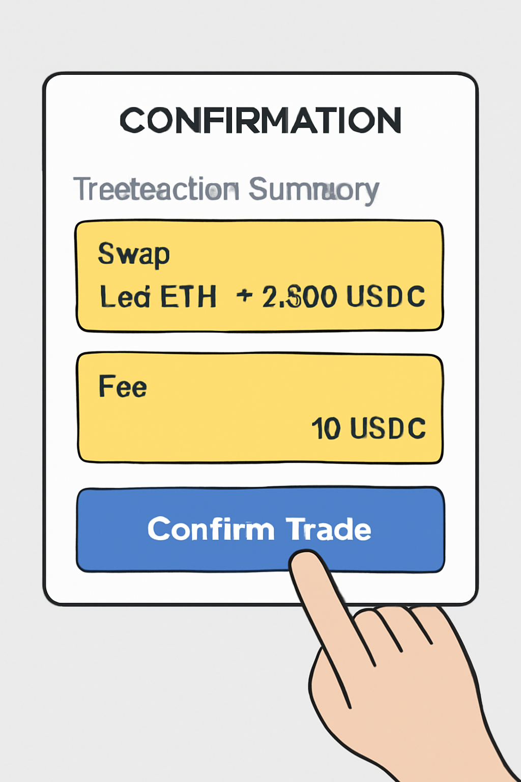 A confirmation screen with transaction summary, swap and fee details highlighted, a finger hovering over 'Confirm Trade' button, modern UI
