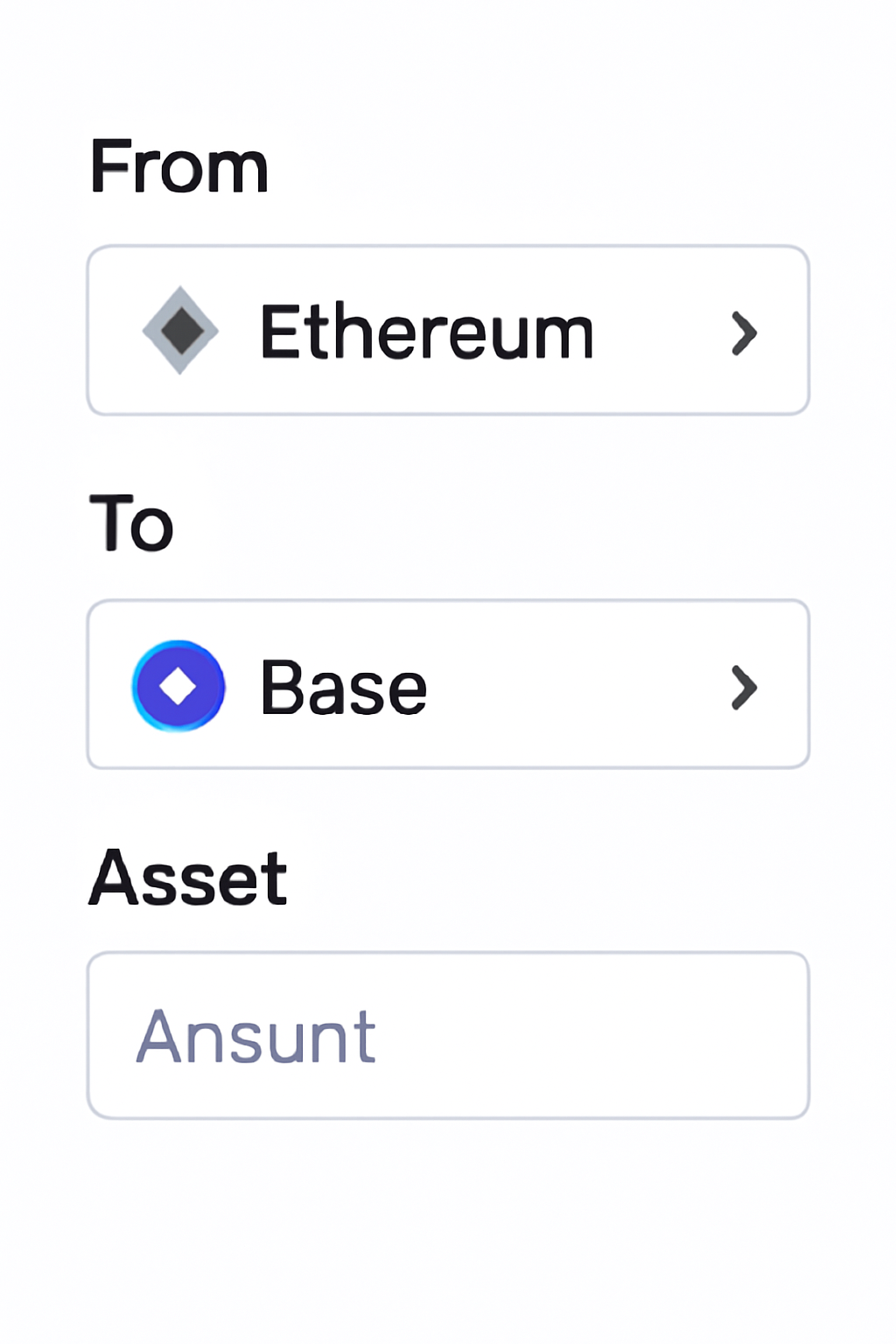 A user interface showing dropdowns for selecting Ethereum as origin, Base as destination, and entering asset and amount, clear and simple design
