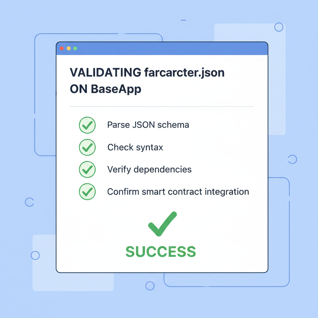 Deployment dashboard validating farcaster.json on BaseApp, green checkmarks success UI