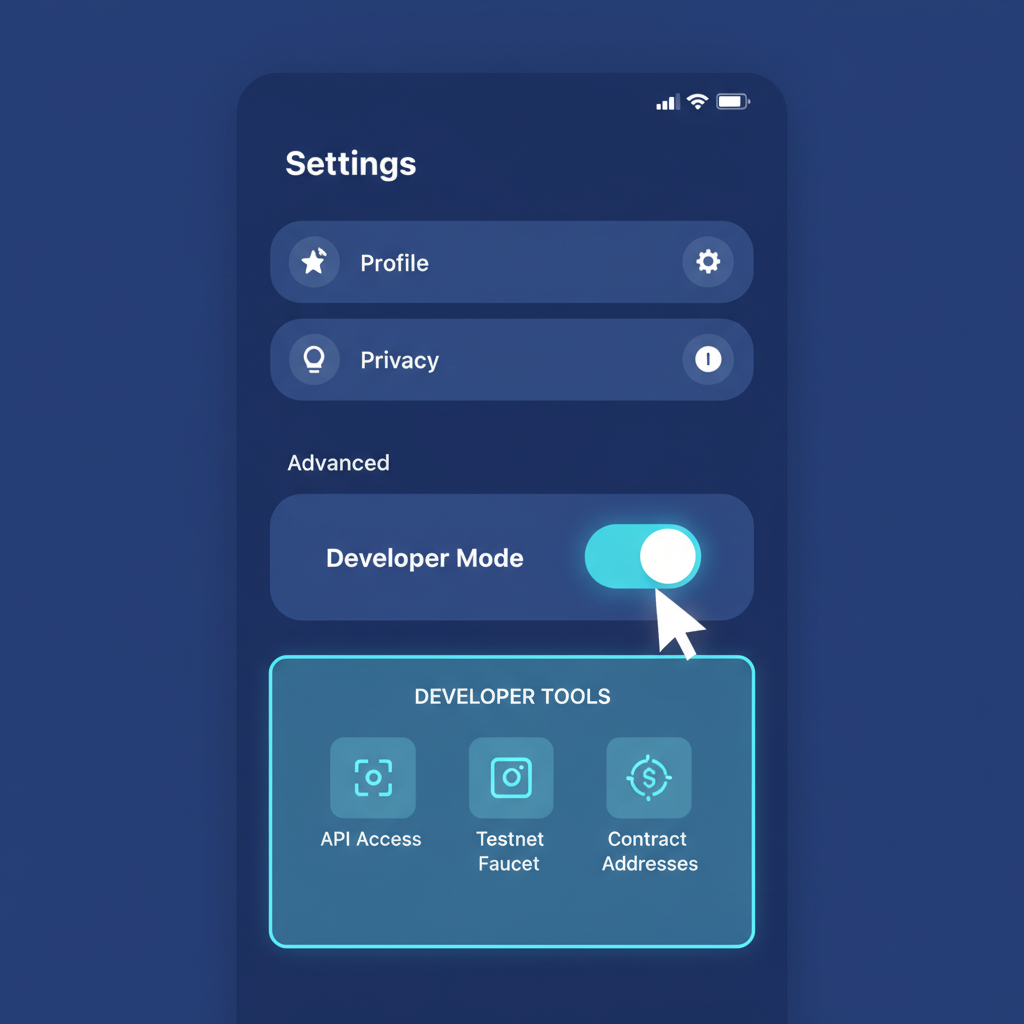 Farcaster app settings screen toggling developer mode on, futuristic blue UI, developer tools highlighted