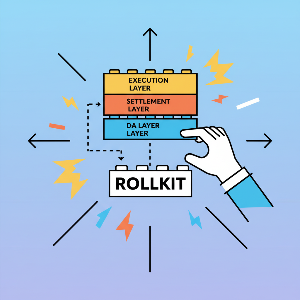 modular blockchain builder, stacking execution settlement DA layers like Lego, Rollkit in center, bold explosive graphics
