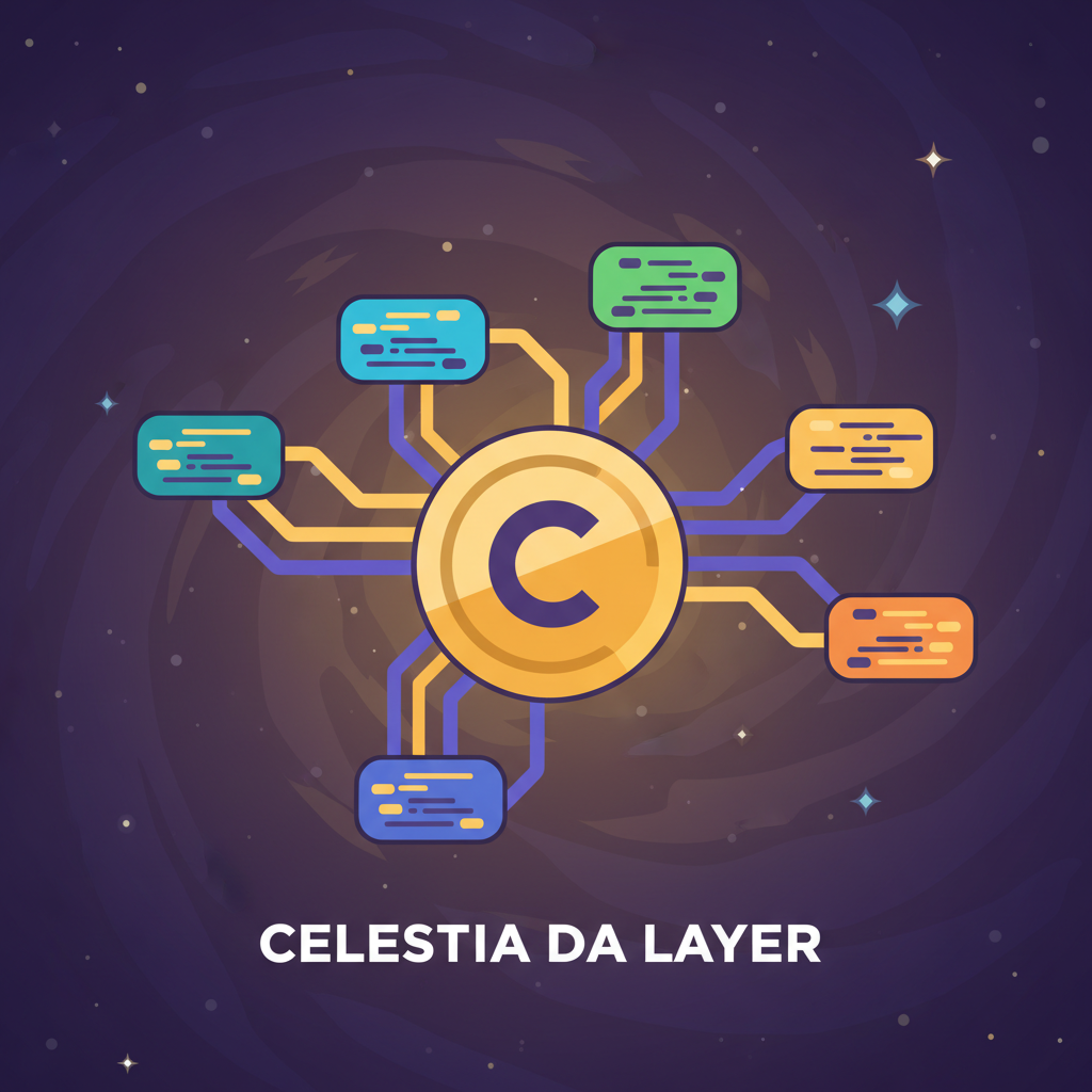 Celestia blockchain DA layer icon, data streams flowing into sovereign rollup, cosmic space background, vibrant purples and golds