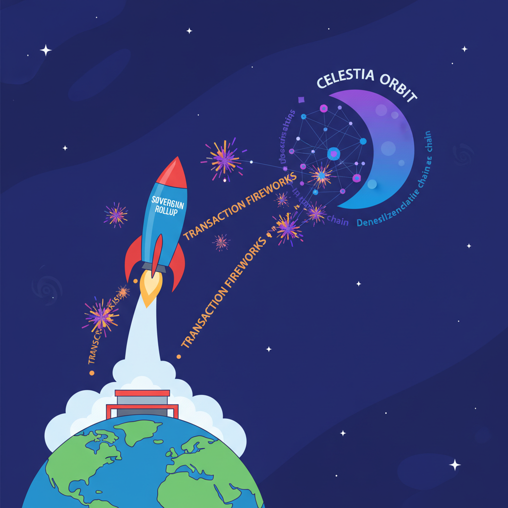 rocket launching sovereign rollup chain into space, Celestia orbit, transaction fireworks, dynamic action scene
