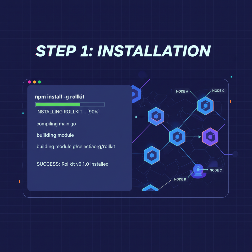 developer terminal installing Rollkit, code compiling on screen, blockchain nodes connecting, high-energy cyberpunk style