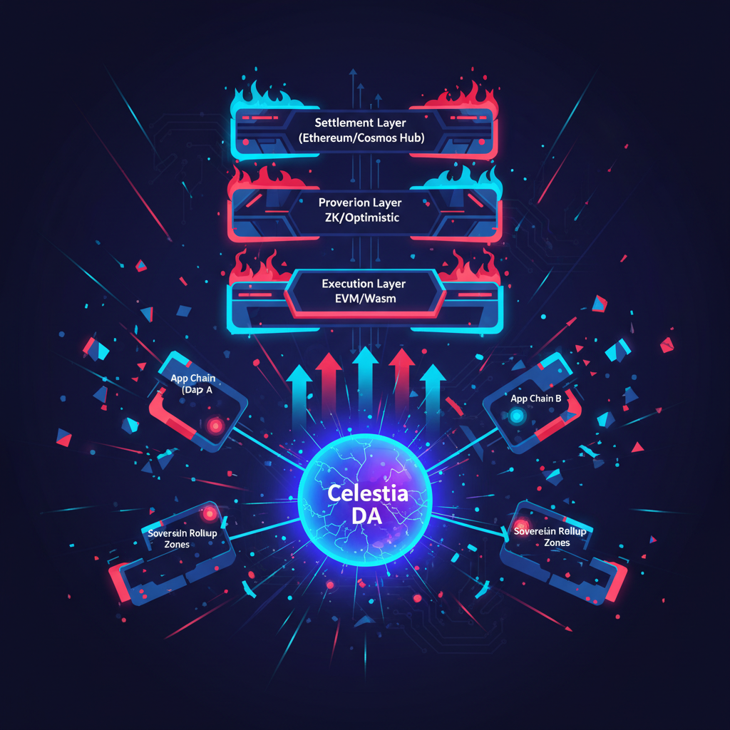 explosive blockchain modular stack diagram, sovereign rollup layers separated, Celestia DA glowing, futuristic neon blues and reds, energetic vibe