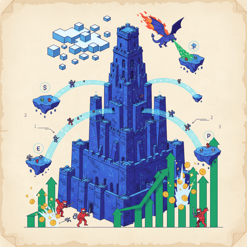 fortified blockchain fortress scaling up, bridges to other chains, growth charts exploding, epic fantasy battle style