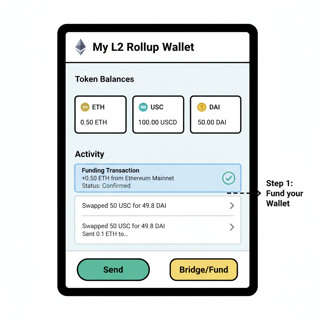wallet interface showing token balances on Ethereum L2 rollup, funding transaction