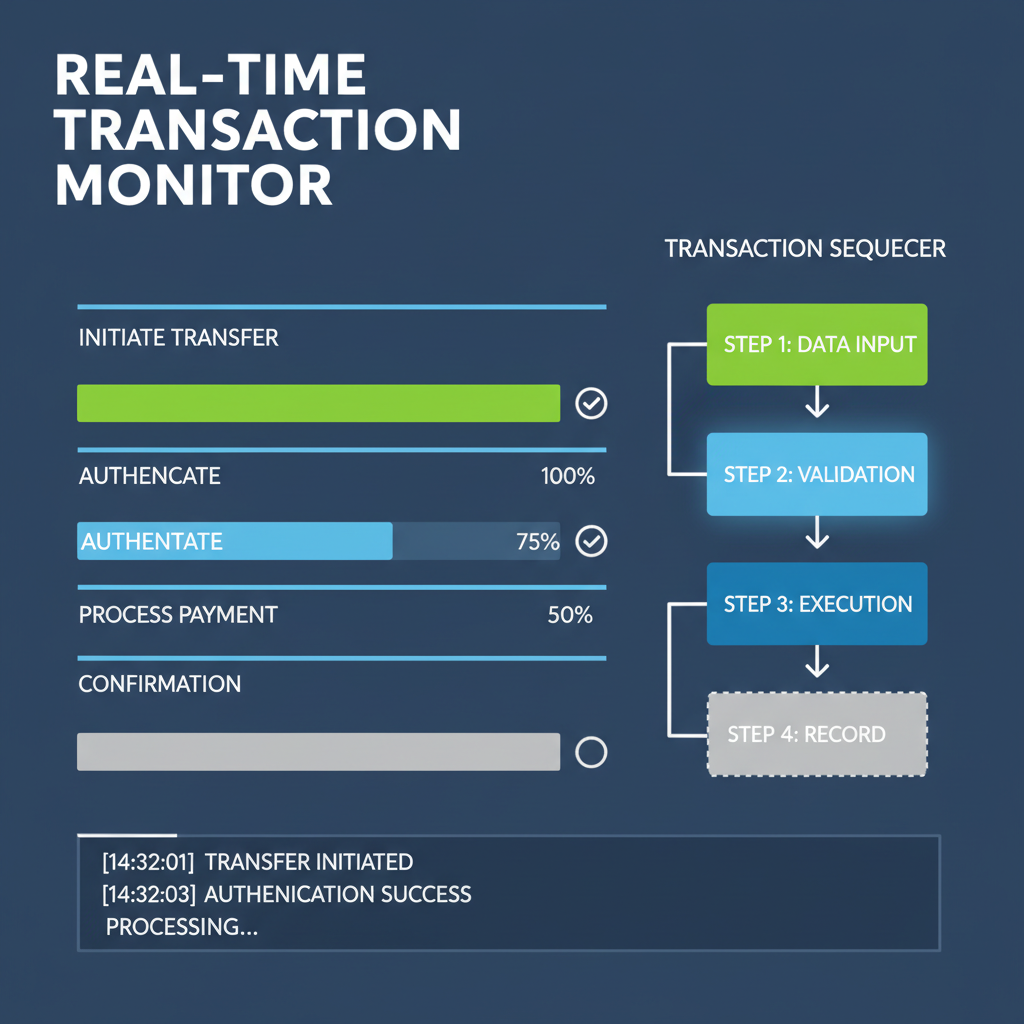 real-time transaction monitor dashboard with progress bars and sequencer blocks