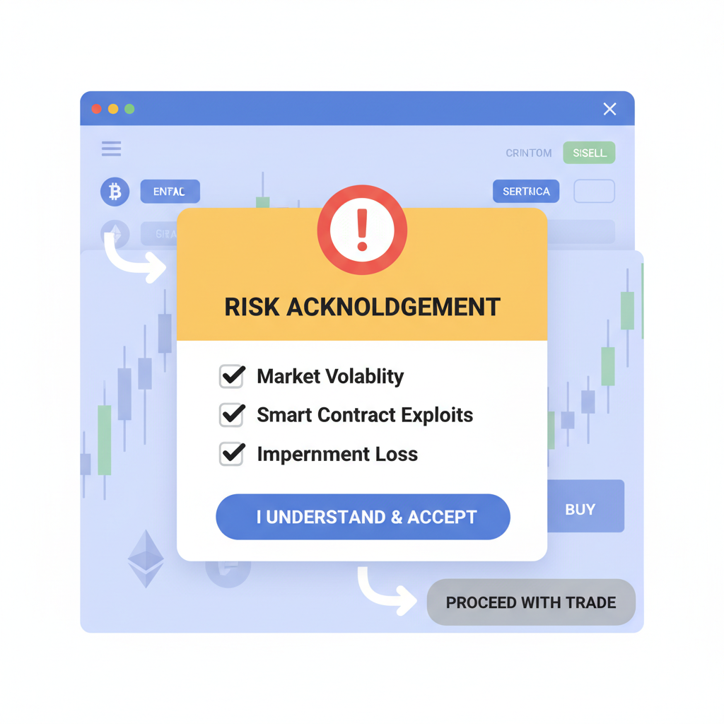warning popup with risk checklist on blockchain trading platform