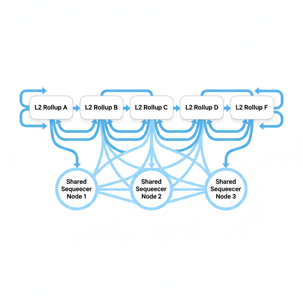 network diagram of interconnected L2 rollups with shared sequencer nodes linking them