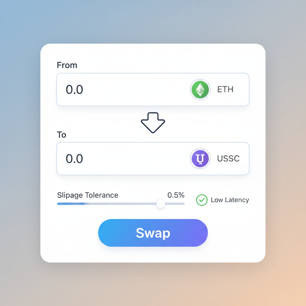 DEX swap interface with token inputs, slippage slider, low-latency indicator