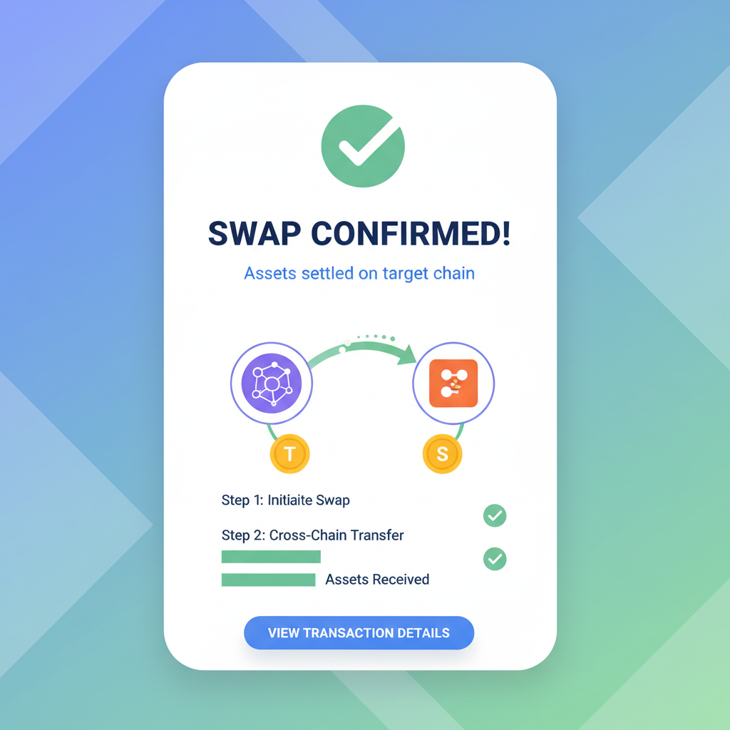 success screen with confirmed cross-rollup swap, assets settled on target chain