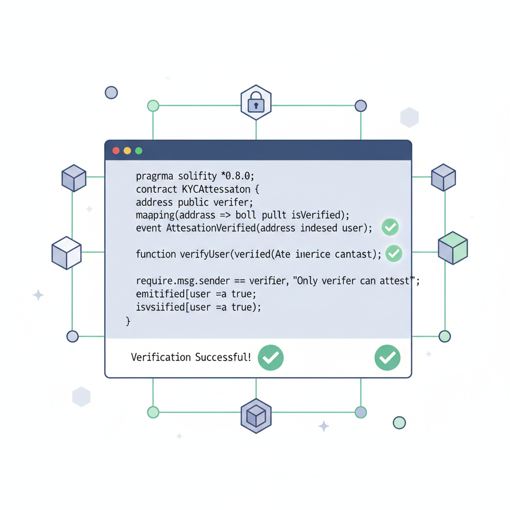 code editor with Solidity smart contract verifying KYC attestation, green checkmark, blockchain nodes