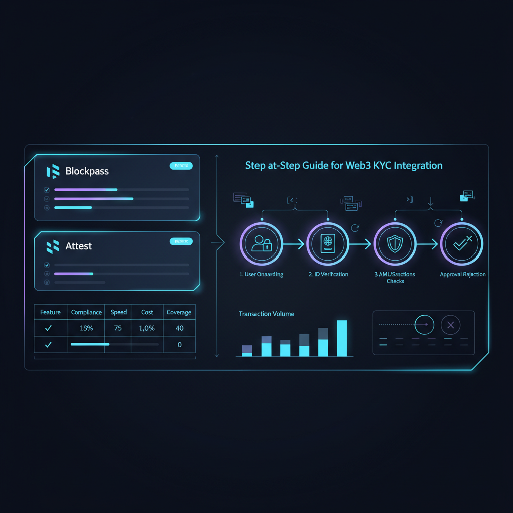 sleek dashboard comparing Web3 KYC providers like Blockpass and Attest, neon blue tones, futuristic UI