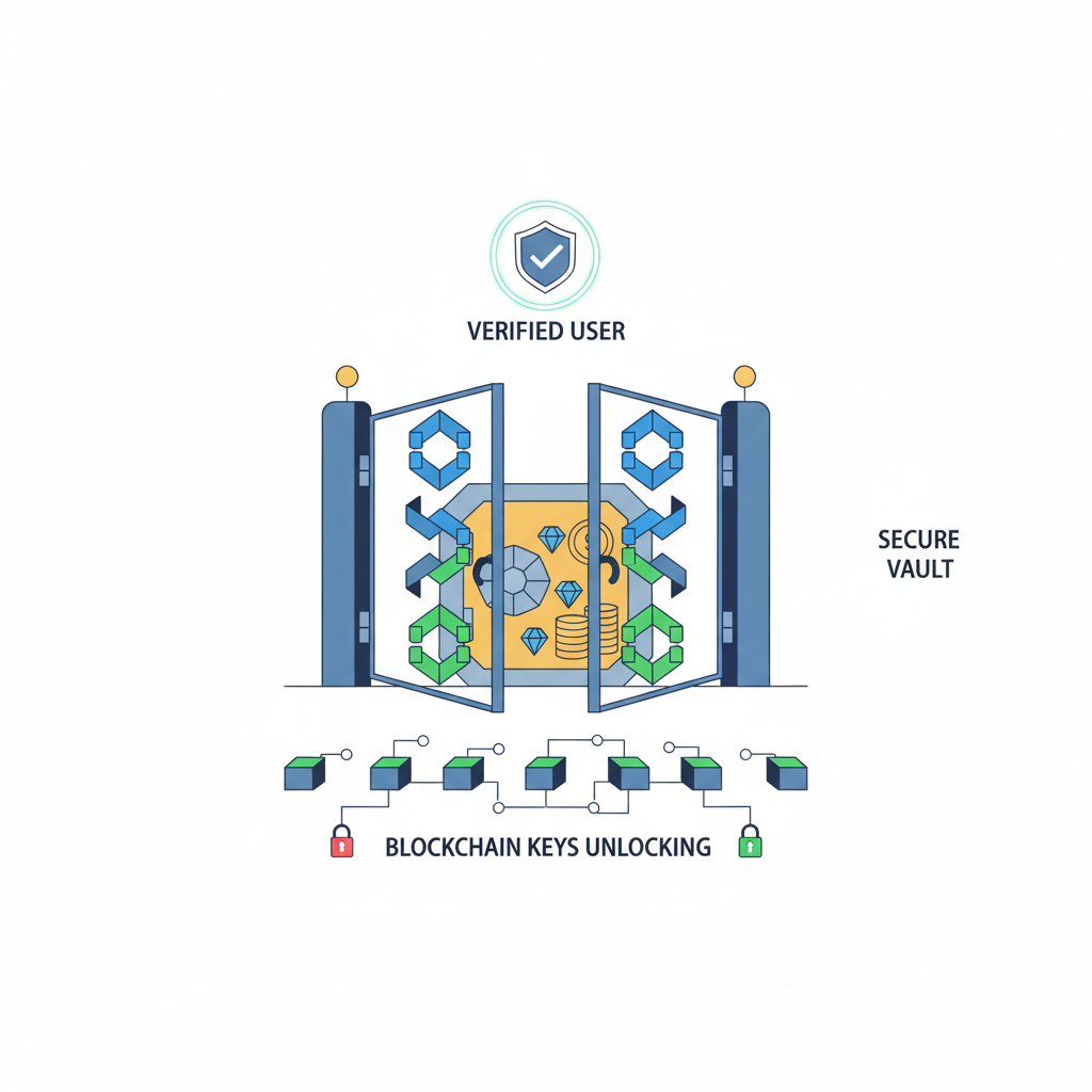 digital gate opening for verified user in DeFi app, blockchain keys unlocking, secure vault