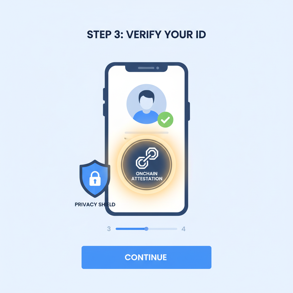 mobile app screen user verifying ID, glowing onchain attestation badge appearing, privacy shield icon