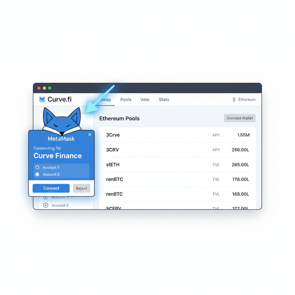 MetaMask wallet connecting to Curve Finance Ethereum dashboard, professional DeFi interface, clean UI