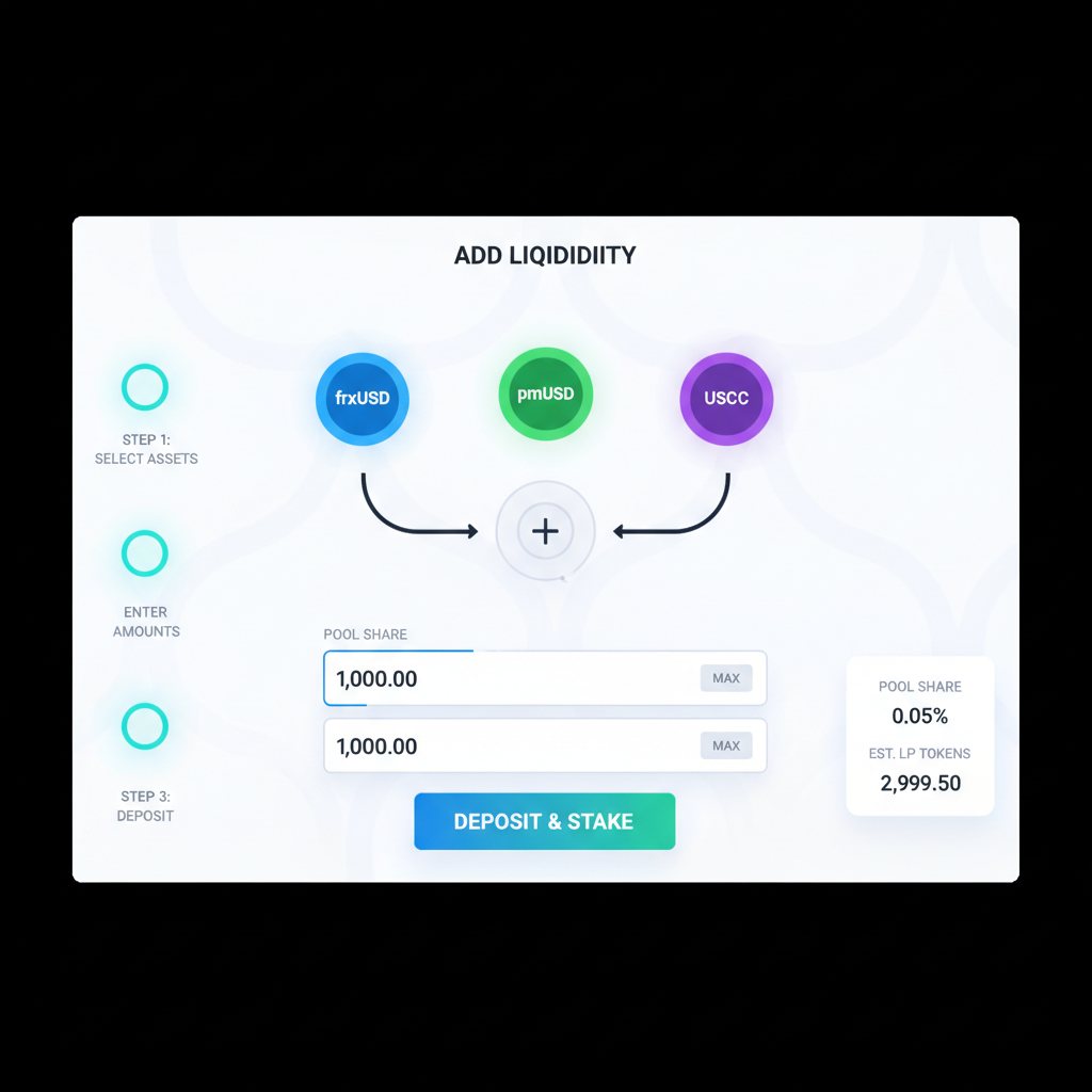 Curve Finance frxUSD pmUSD pool deposit interface, liquidity provision screen, stablecoin icons glowing