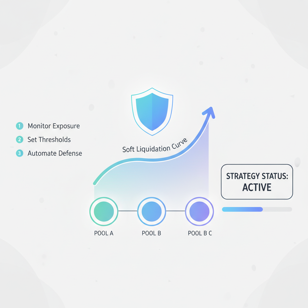 Curve defensive strategy dashboard, soft liquidation curve graph, shield icon protecting pools